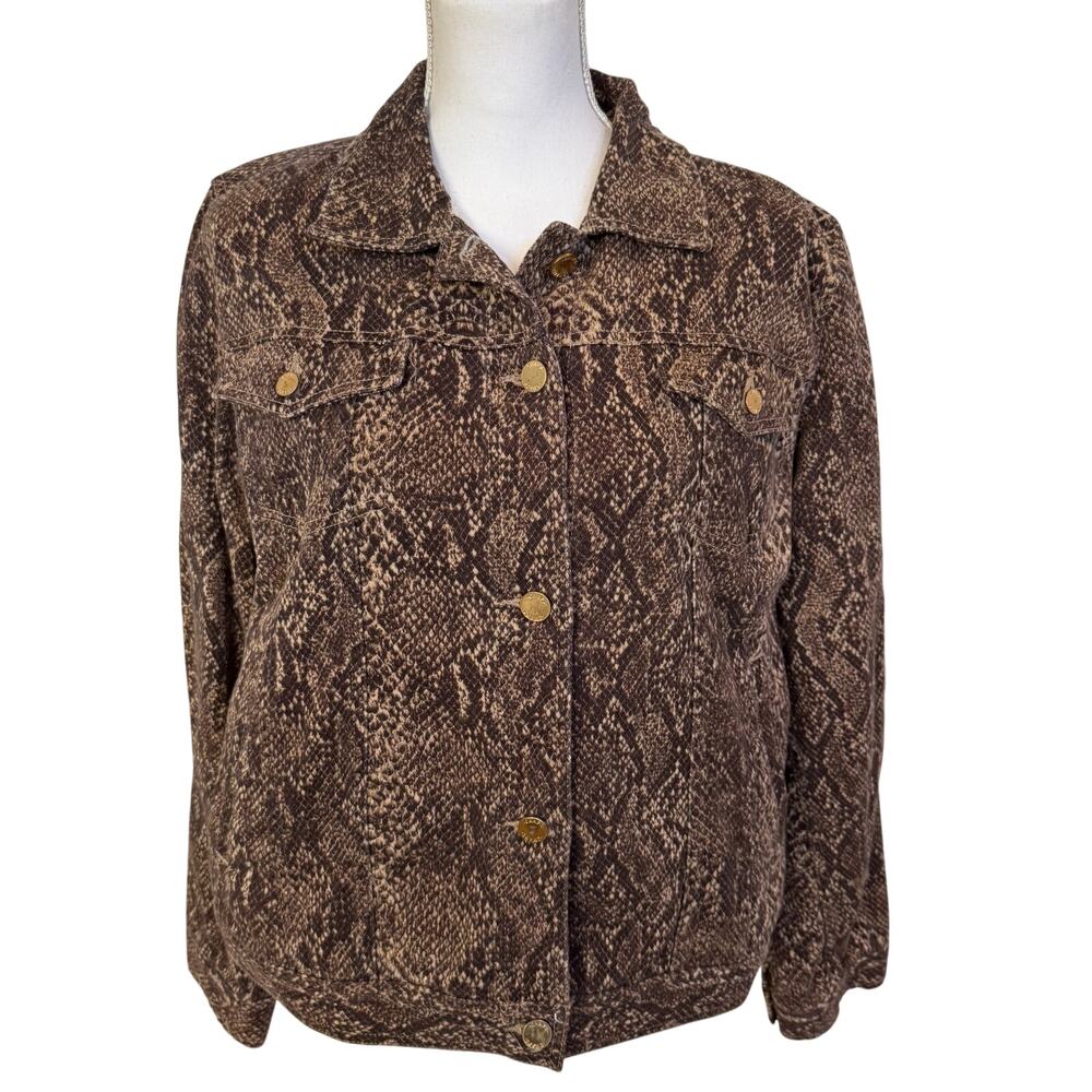 Chaps Trucker Jacket Size XL Brown Cotton Blend Stretch Snake Print Buttons